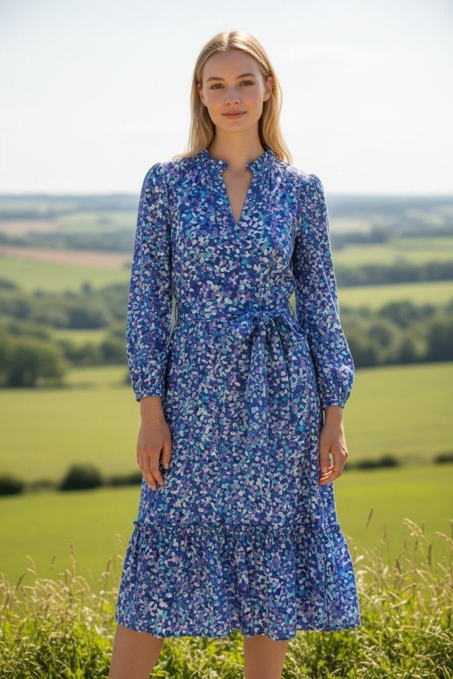 Sara Campbell Blue & Purple Abstract Floral Cotton Midi Tiered Dress Medium